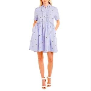 Blue & White Striped & Bee Print Button-Up Dress